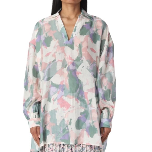 BOSS Hugo Boss Top Abstract Pastel Print Barry Shirt V Neck Blouse Oversized - Picture 12 of 12